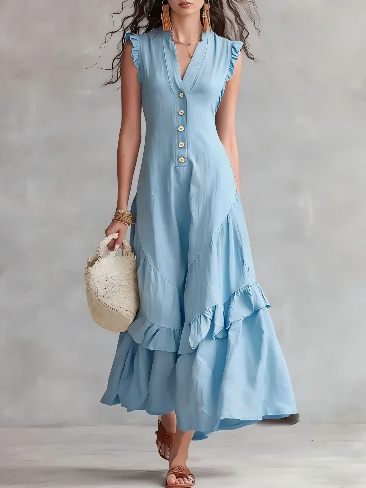 Boho Flowy Sleeveless Maxi Dress V-Neck Button-Front Ruffle Hem A-Line Skirt
